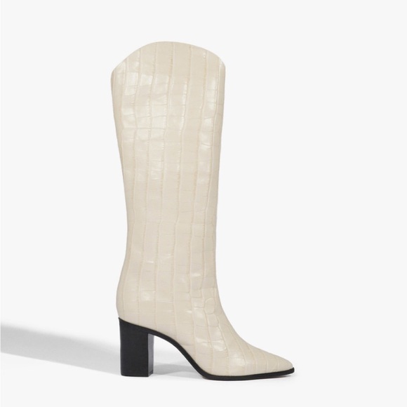 Schutz Maryana Block Crocodile-Embossed Leather Boots in Eggshell - Picture 3 of 14